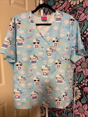 Hello Kitty Light Blue Printed Scrub Top with Glasses Motif